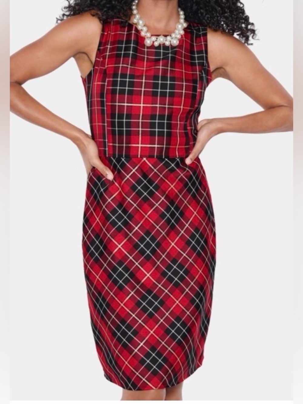 Place Red Black White & gold tartan Plaid Sleeveless A Line Dress‎ size 14. NWT